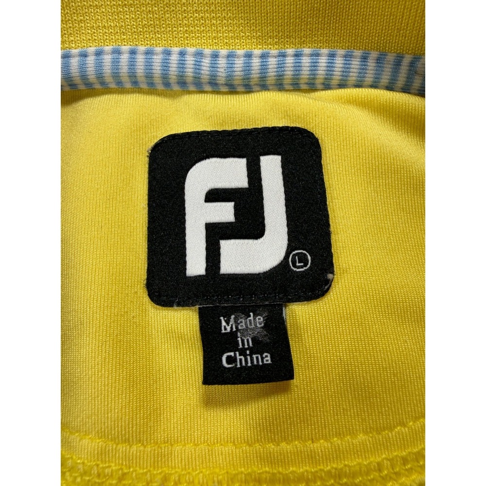FootJoy FJ Performance Golf Polo Shirt Mens Large Yellow Blue Stripe Crest Logo - Picture 4 of 8